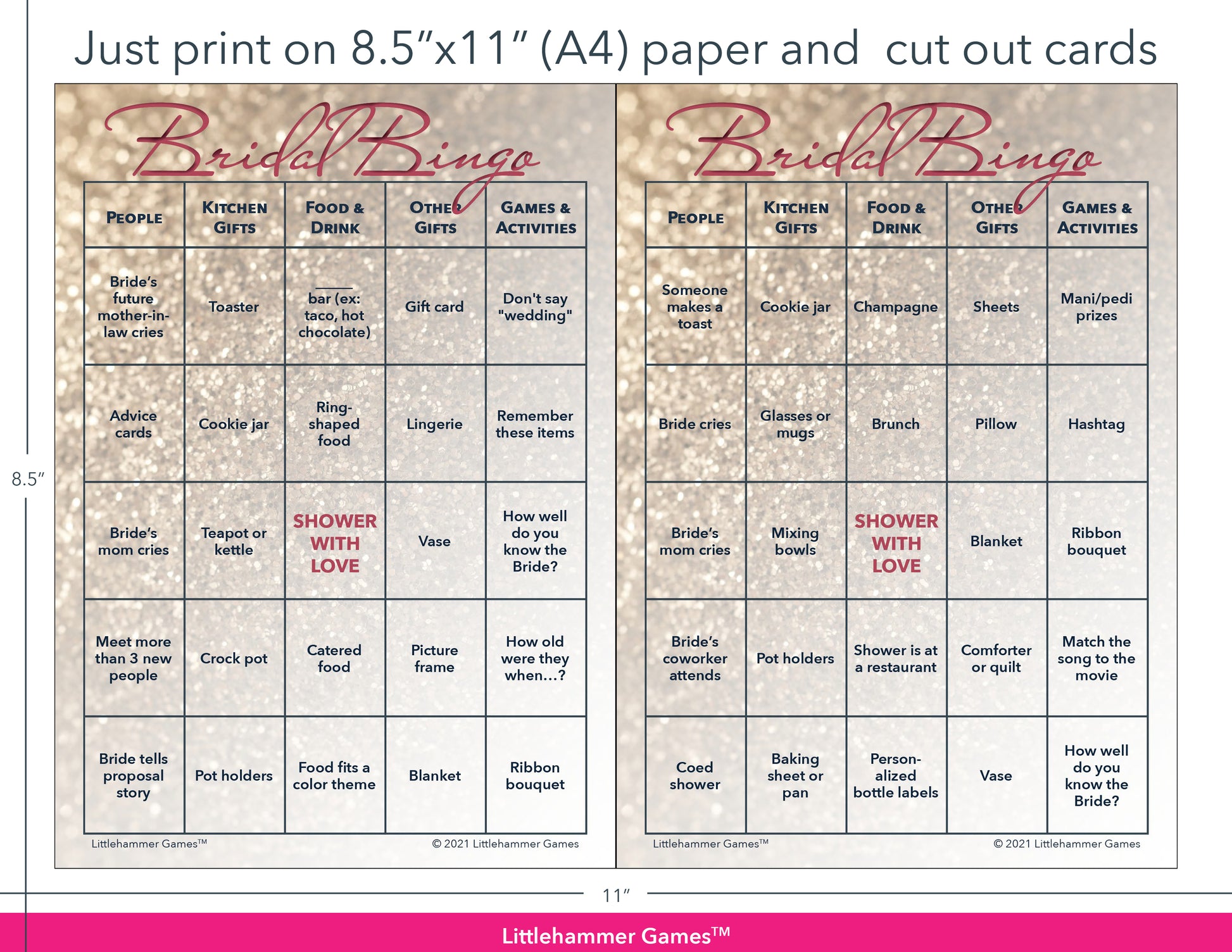 Glittery rose gold Bridal Bingo game cards with printing instructions
