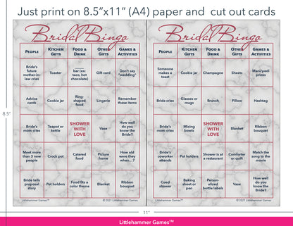 Rose gold and marble Bridal Bingo game cards with printing instructions