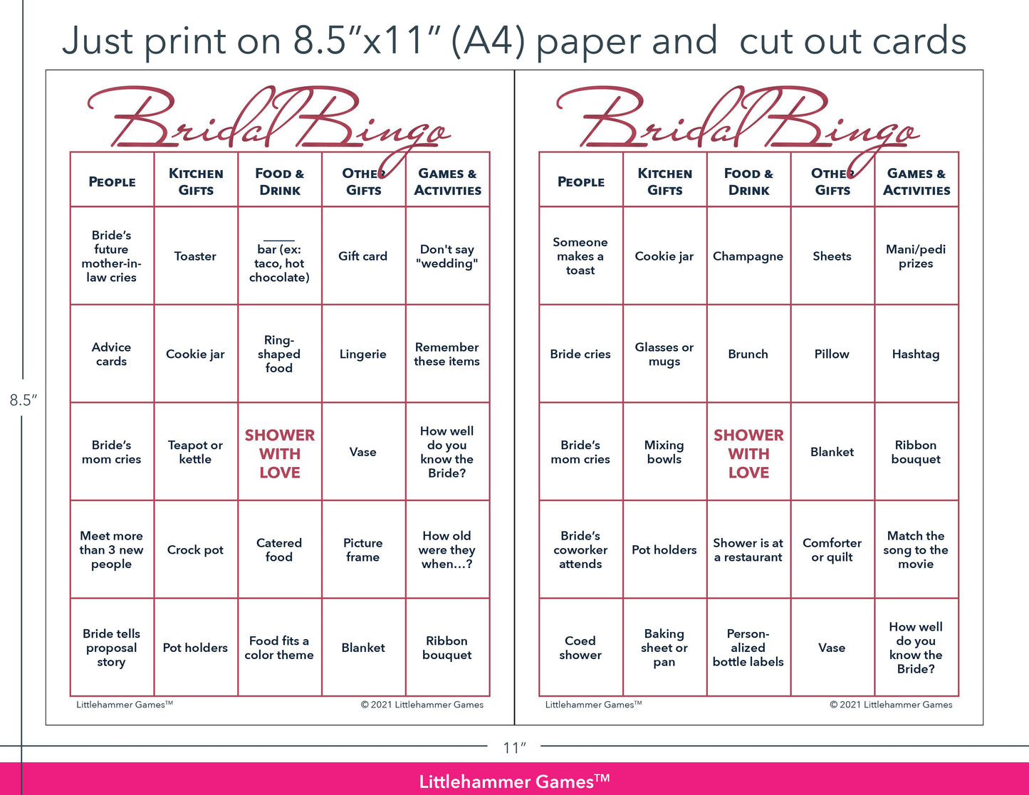 Rose gold and white Bridal Bingo game cards with printing instructions