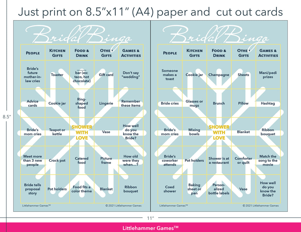 Snowflake-themed Bridal Bingo game cards with printing instructions