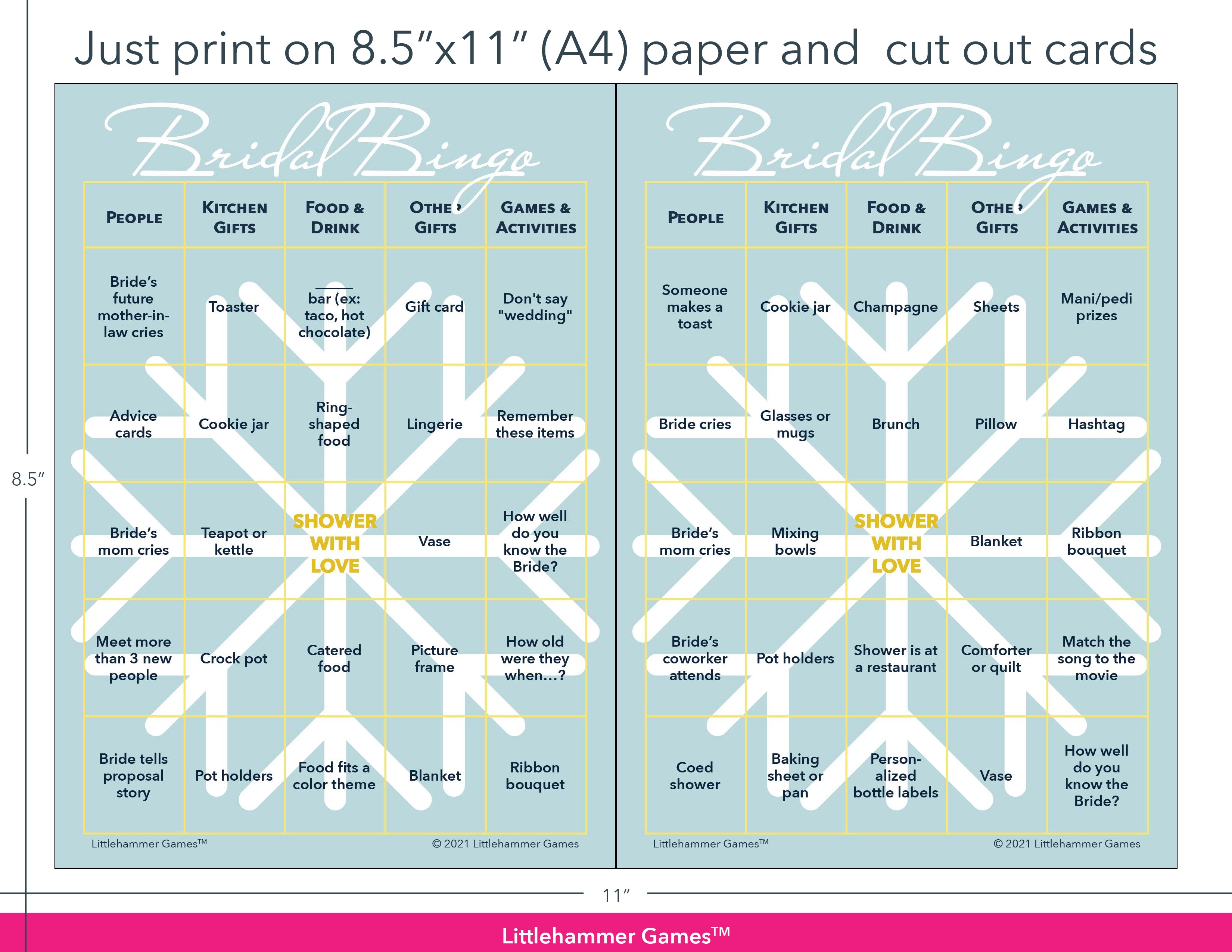 Snowflake-themed Bridal Bingo game cards with printing instructions