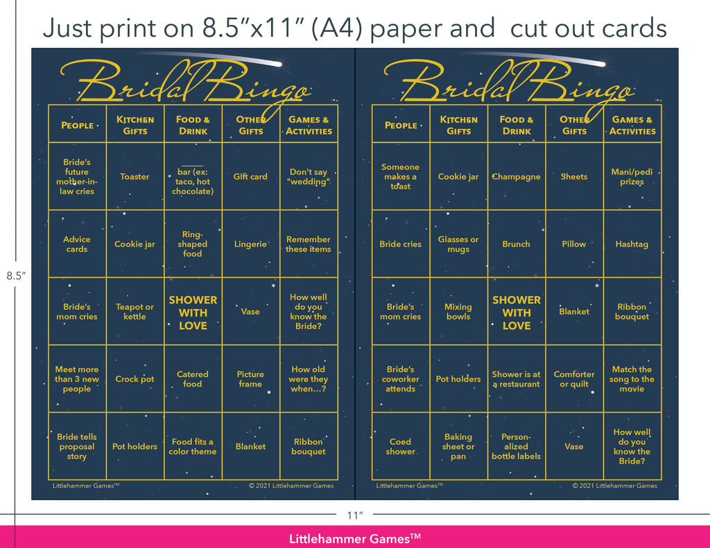 Celestial-themed Bridal Bingo game cards with printing instructions