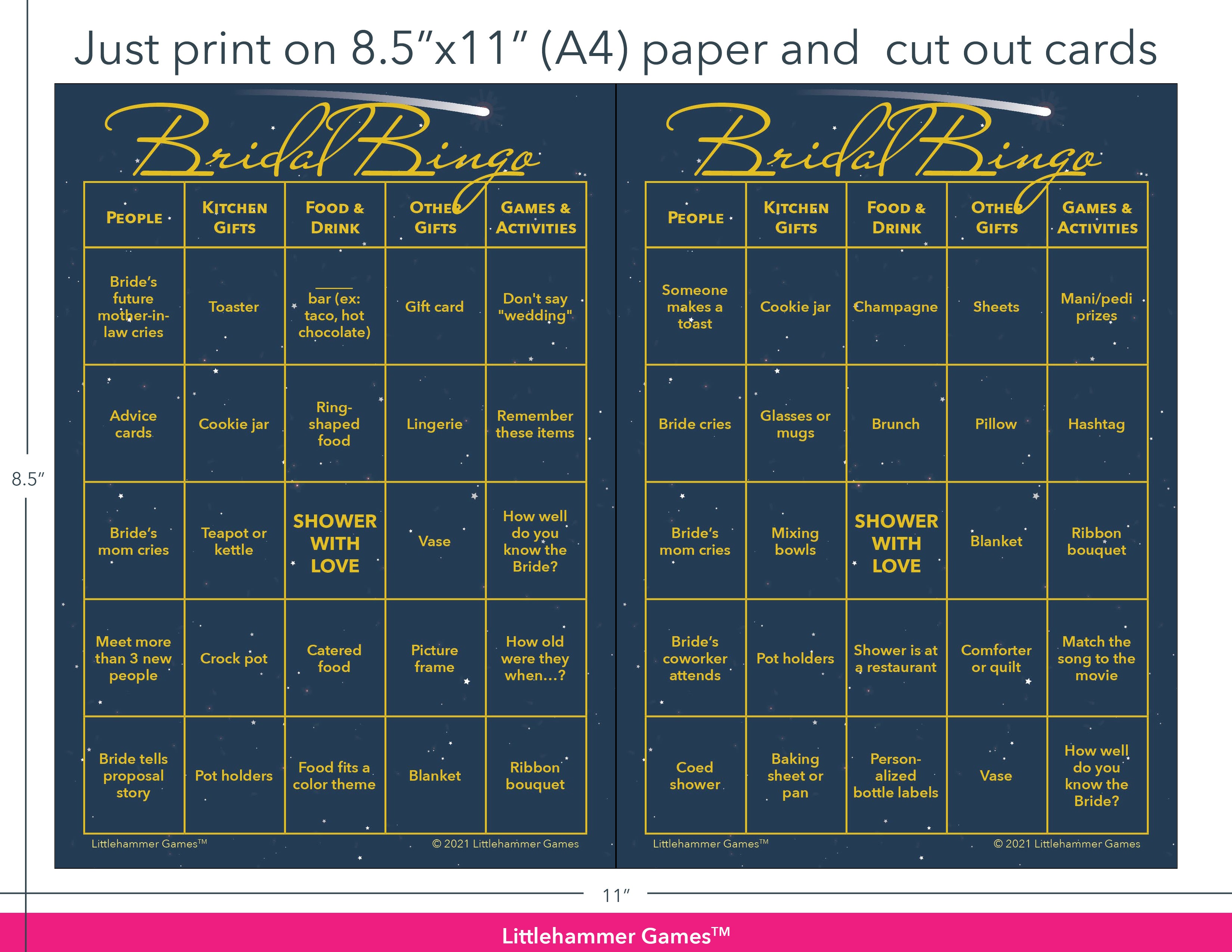 Celestial-themed Bridal Bingo game cards with printing instructions