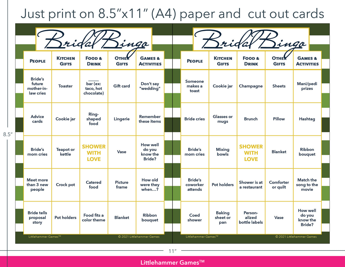 Green-striped Bridal Bingo game cards with printing instructions