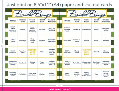 Green-striped Bridal Bingo game cards with printing instructions