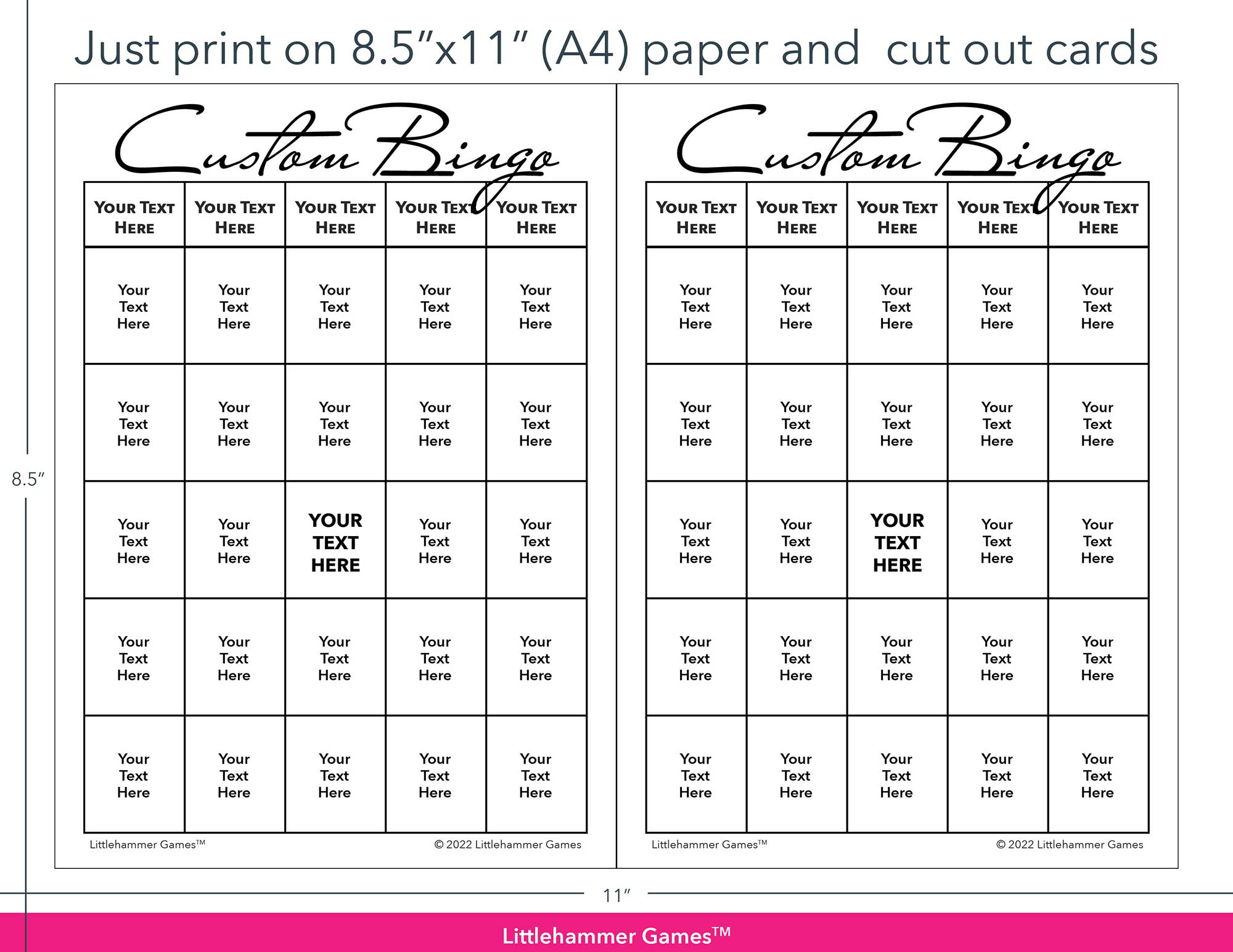 Minimalist black and white Custom Bingo game cards with printing instructions