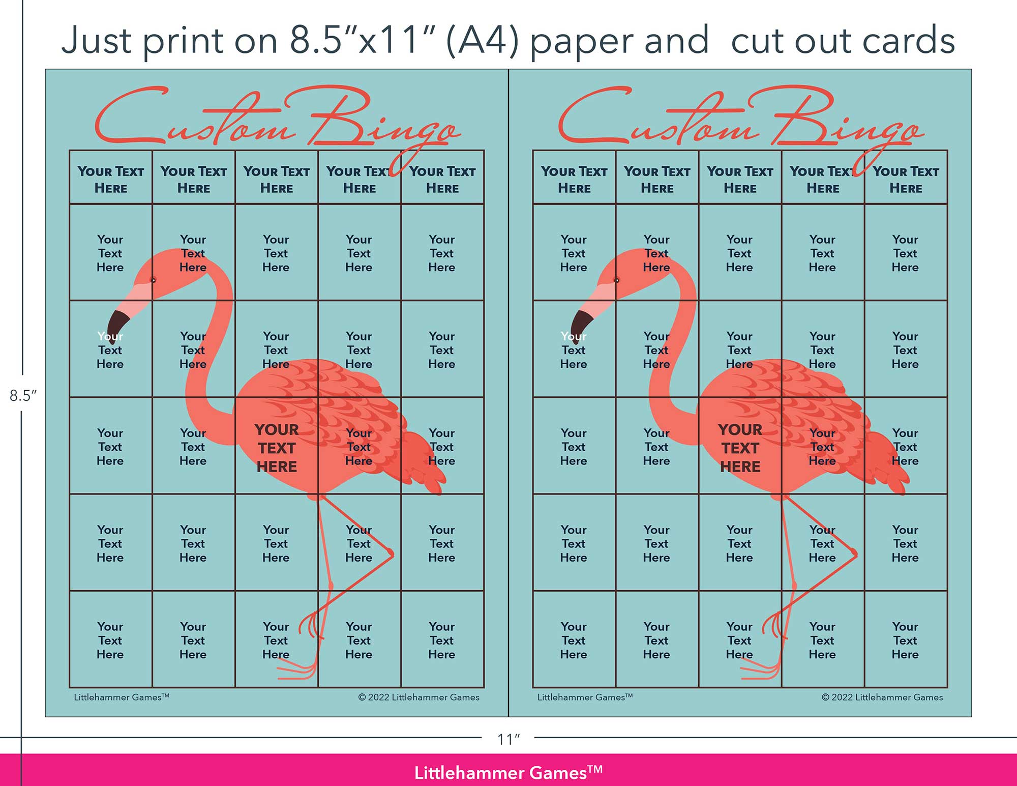 Flamingo-themed Custom Bingo game cards with printing instructions
