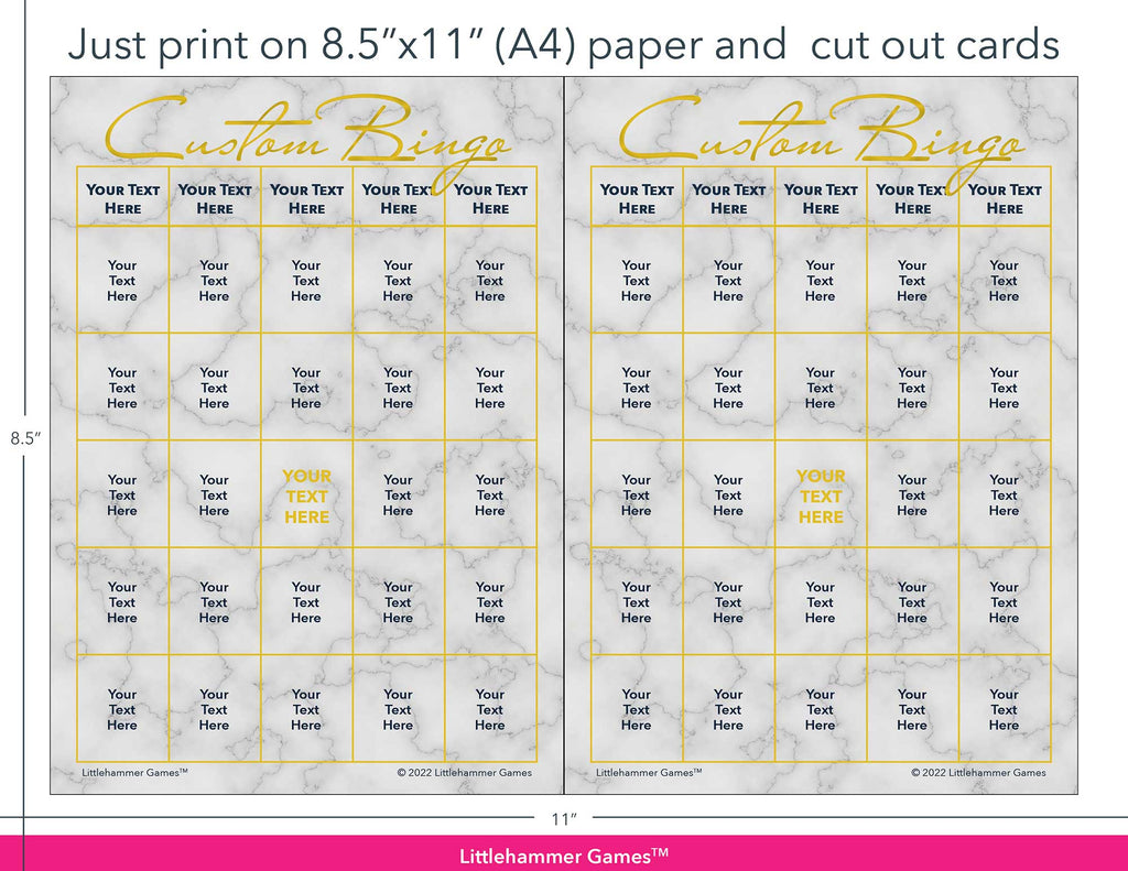 Gold and marble Custom Bingo game cards with printing instructions