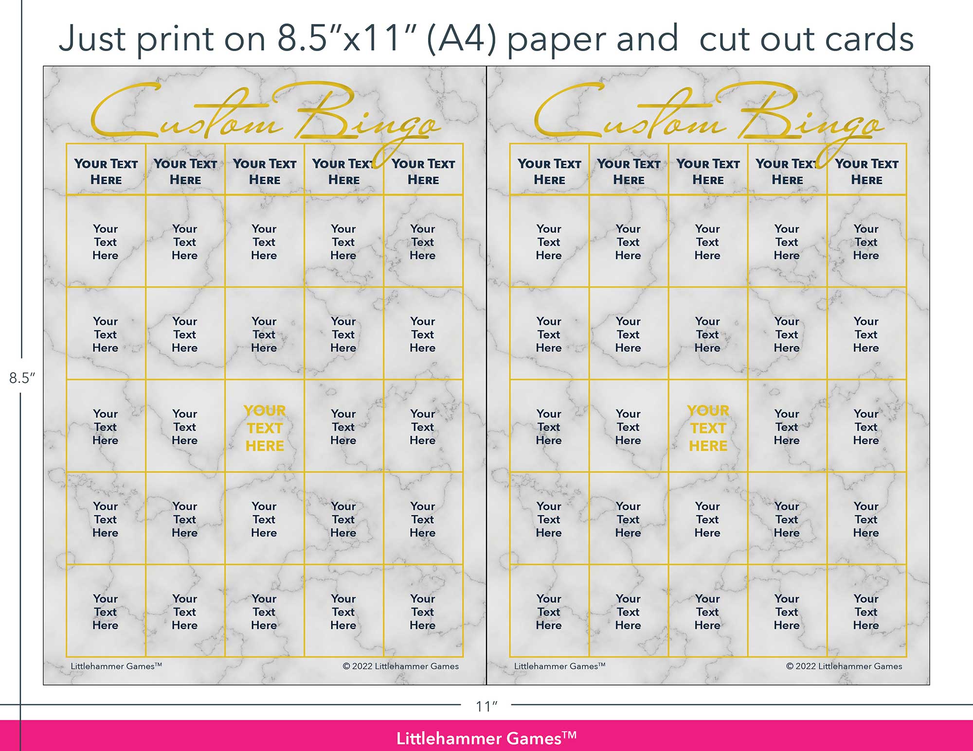 Gold and marble Custom Bingo game cards with printing instructions