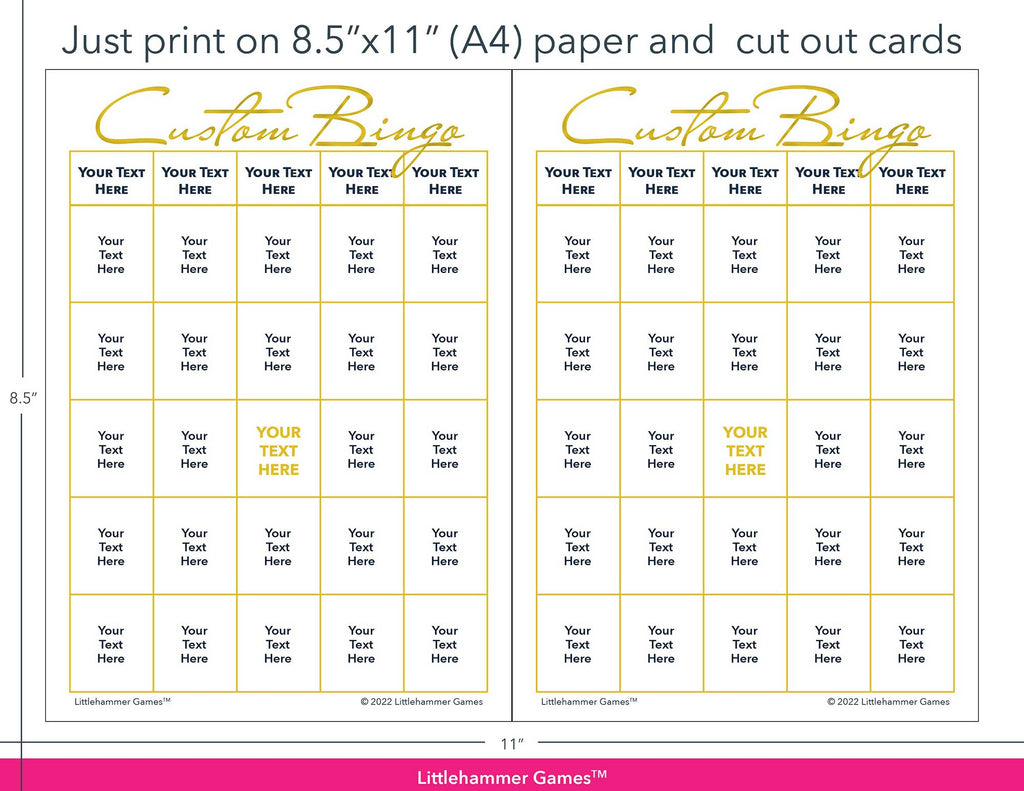 Gold and white Custom Bingo game cards with printing instructions