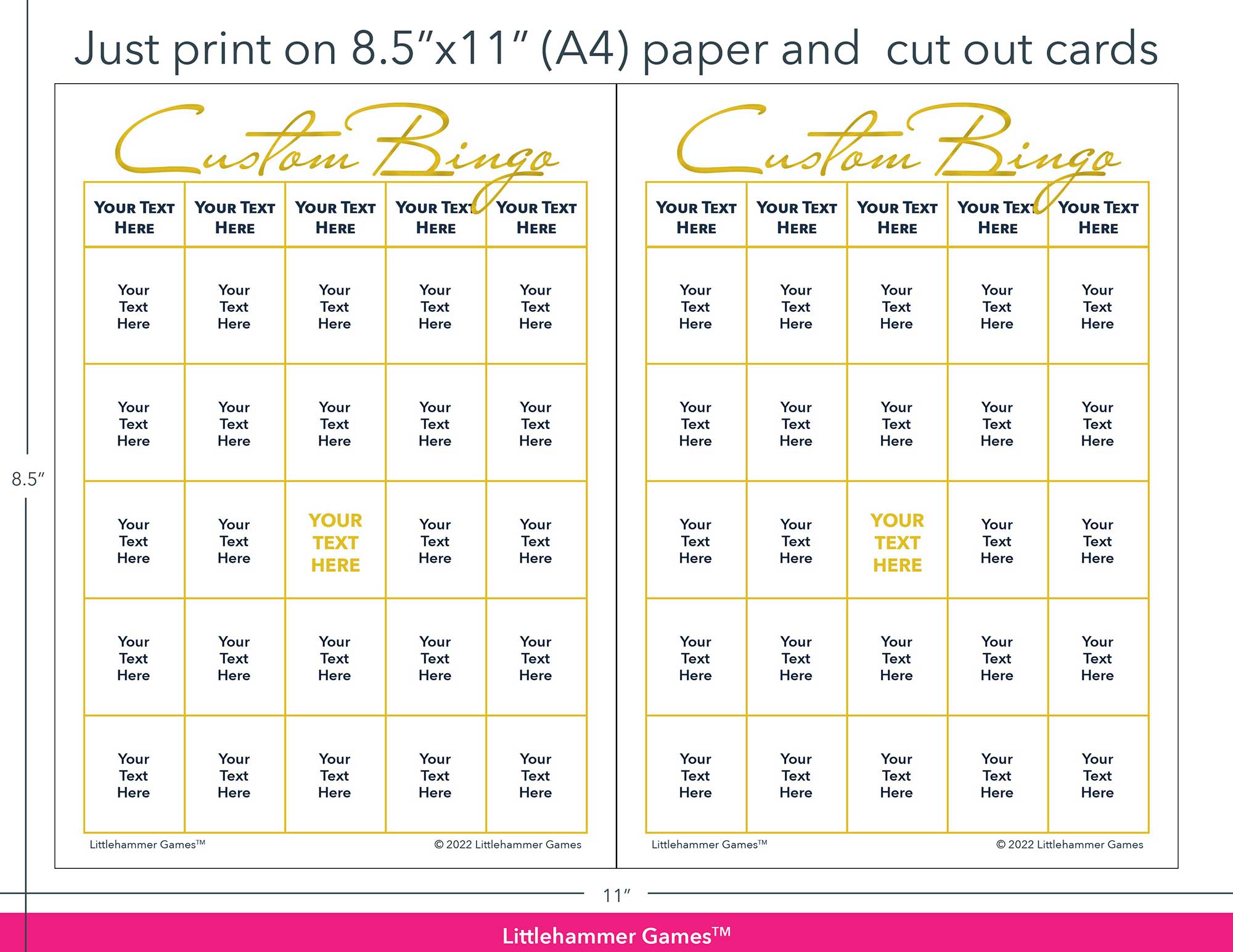 Gold and white Custom Bingo game cards with printing instructions