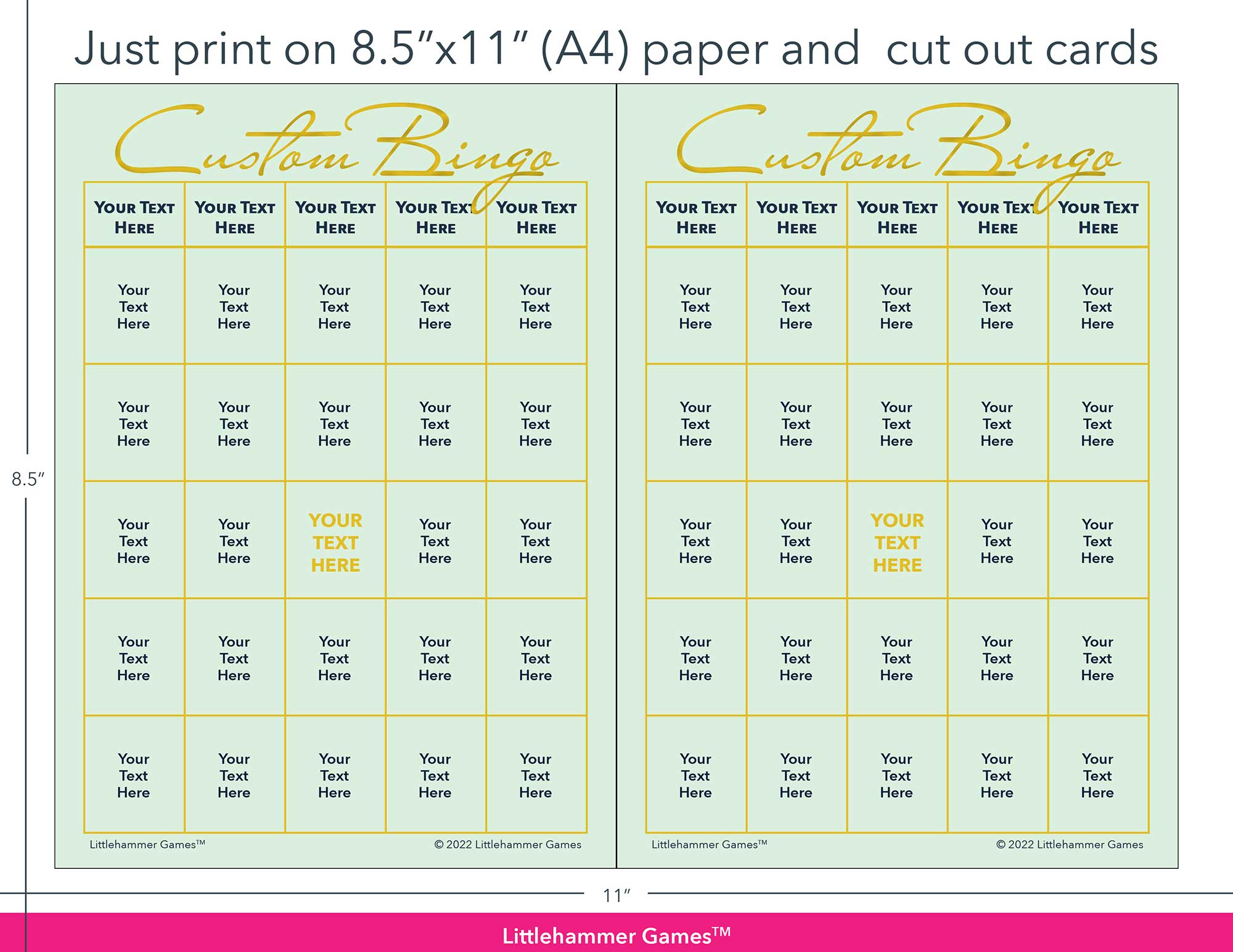 Mint and gold Custom Bingo game cards with printing instructions