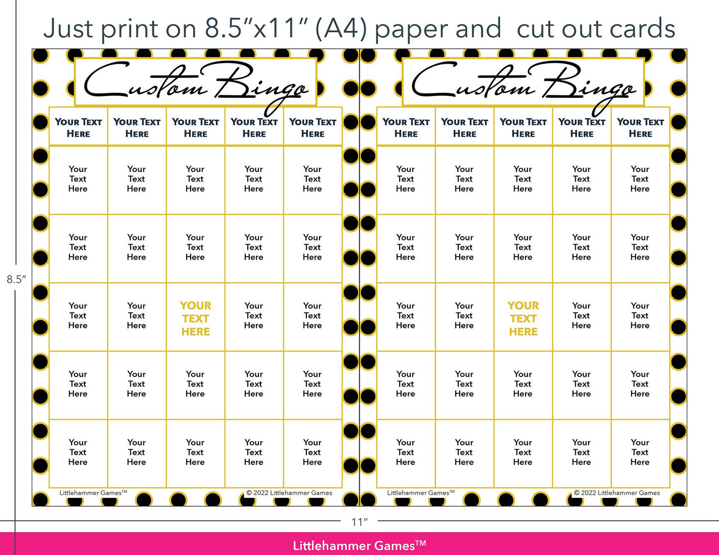 Black and gold polka dot Custom Bingo game cards with printing instructions