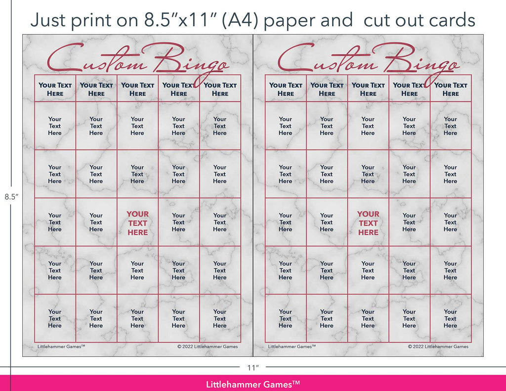Rose gold and marble Custom Bingo game cards with printing instructions
