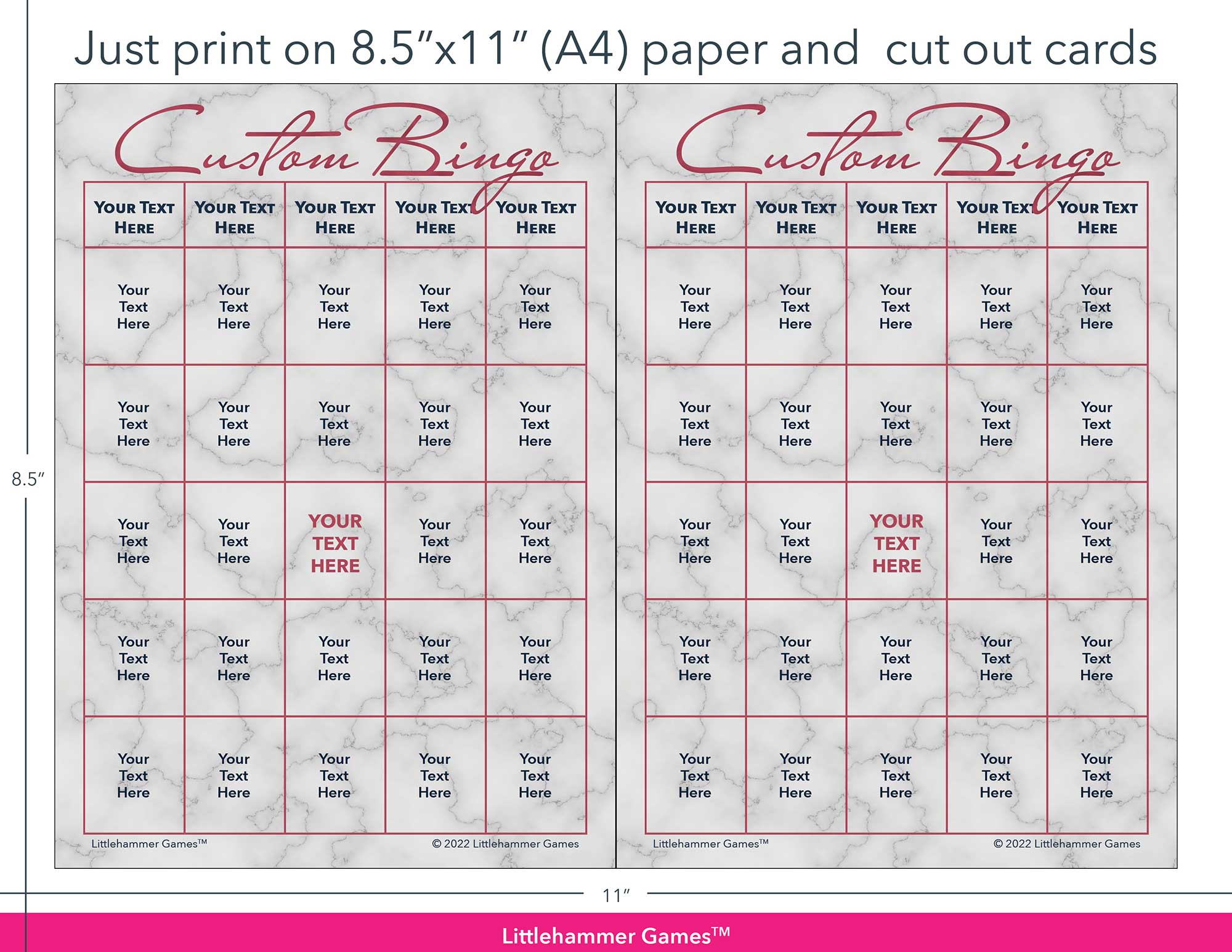 Rose gold and marble Custom Bingo game cards with printing instructions