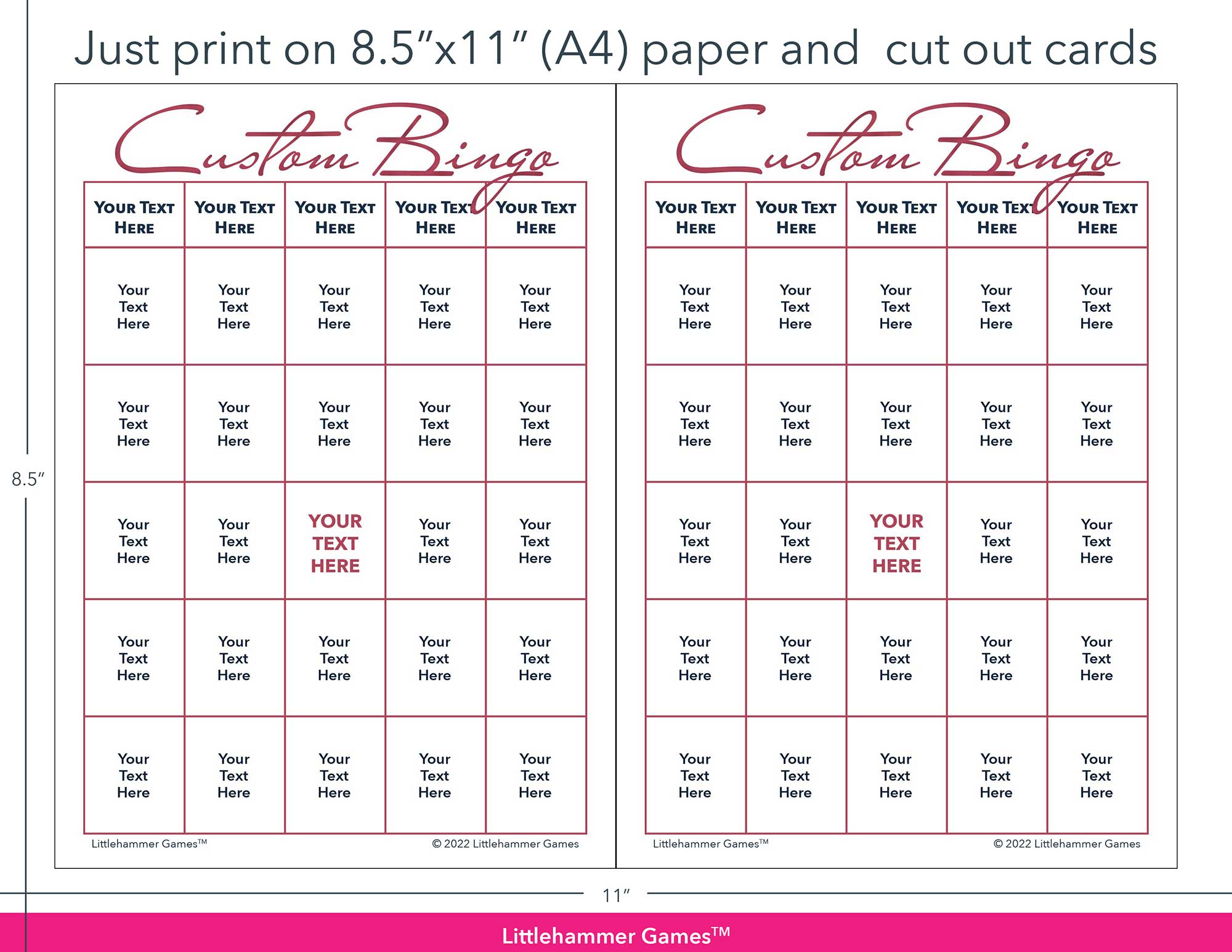 Rose gold and white Custom Bingo game cards with printing instructions