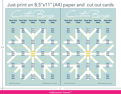 Snowflake Custom Bingo game cards with printing instructions