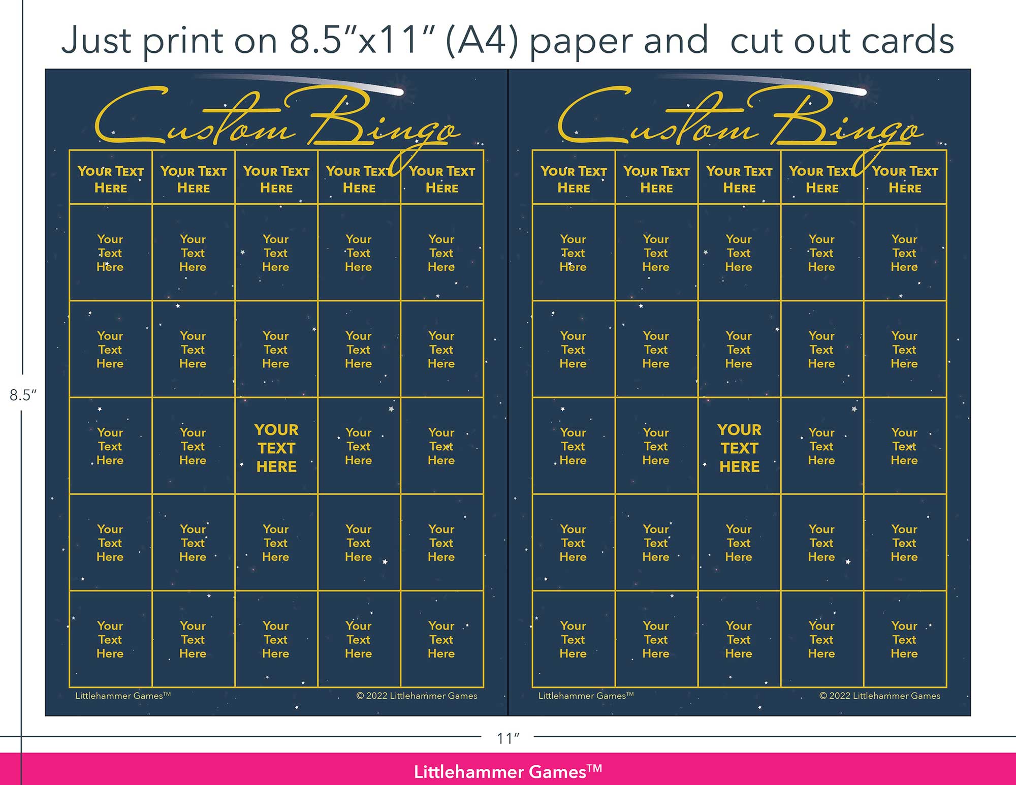 Celestial Custom Bingo game cards with printing instructions