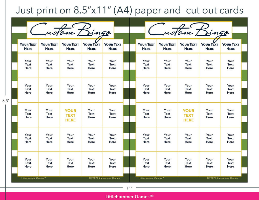 Green-striped Custom Bingo game cards with printing instructions