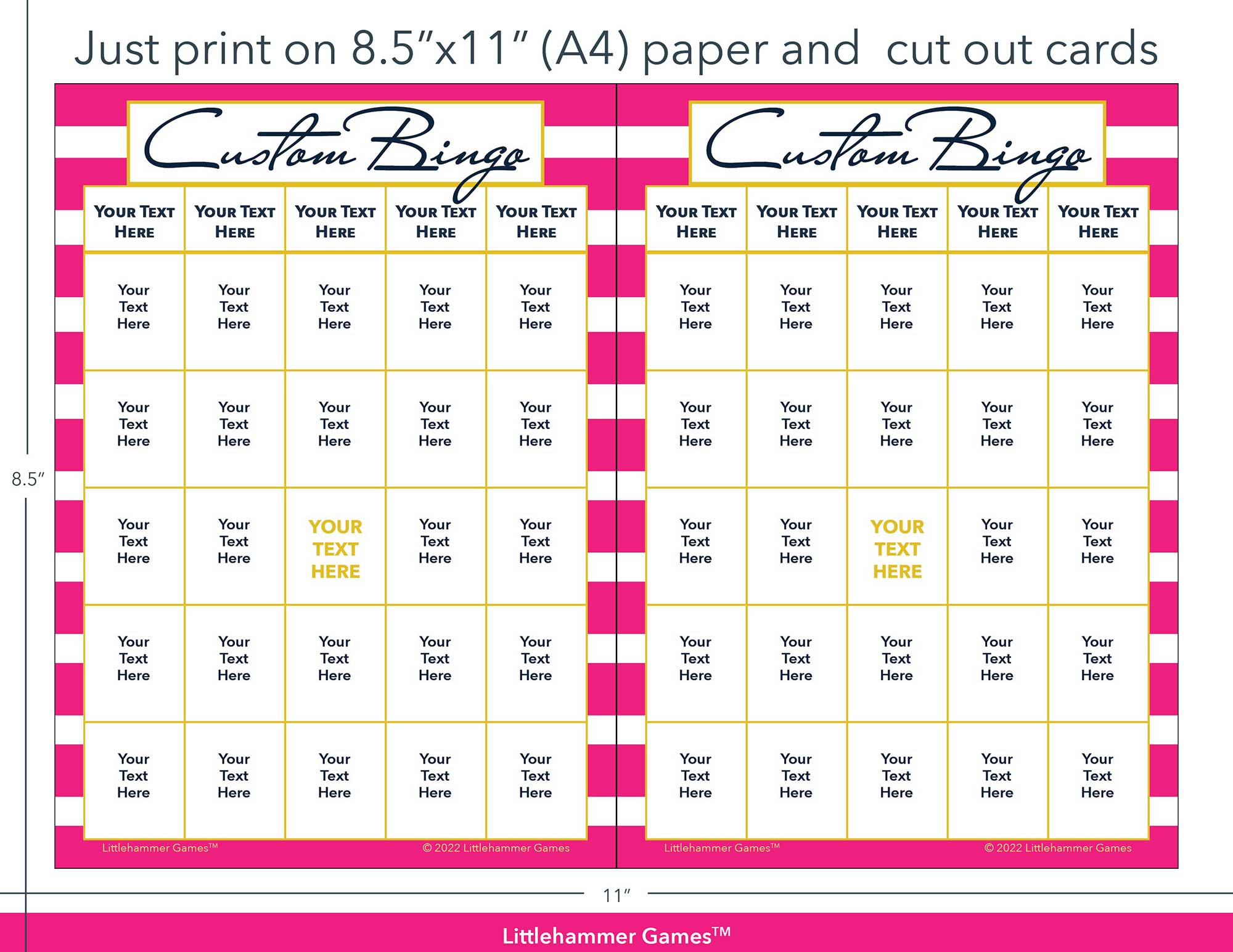 Pink-striped Custom Bingo game cards with printing instructions