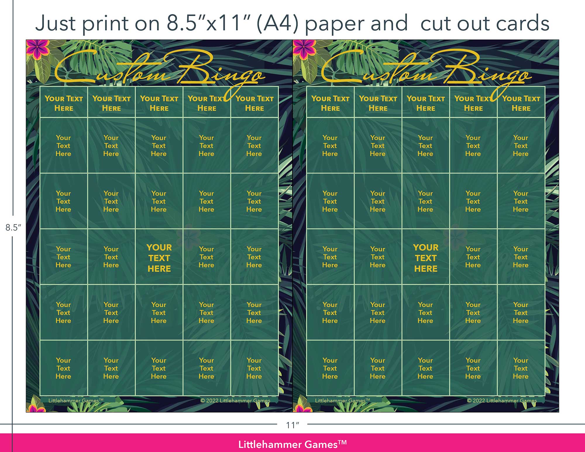 Tropical leaves Custom Bingo game cards with printing instructions
