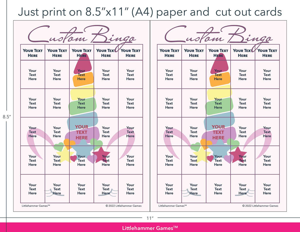 Unicorn-themed Custom Bingo game cards with printing instructions