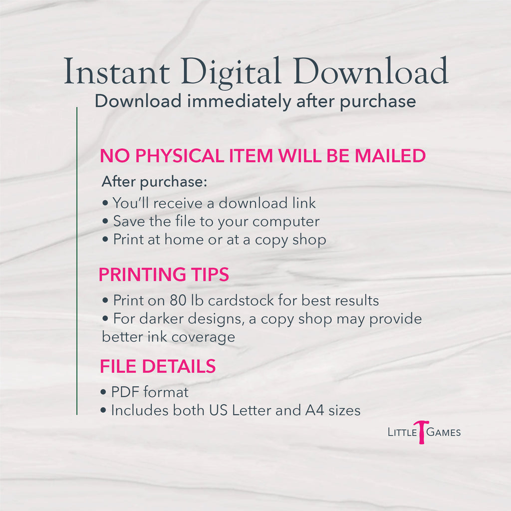 Graphic explaining instant digital download printable bridal shower game in PDF format, US Letter size 8.5x11, with printing tips and no physical item mailed