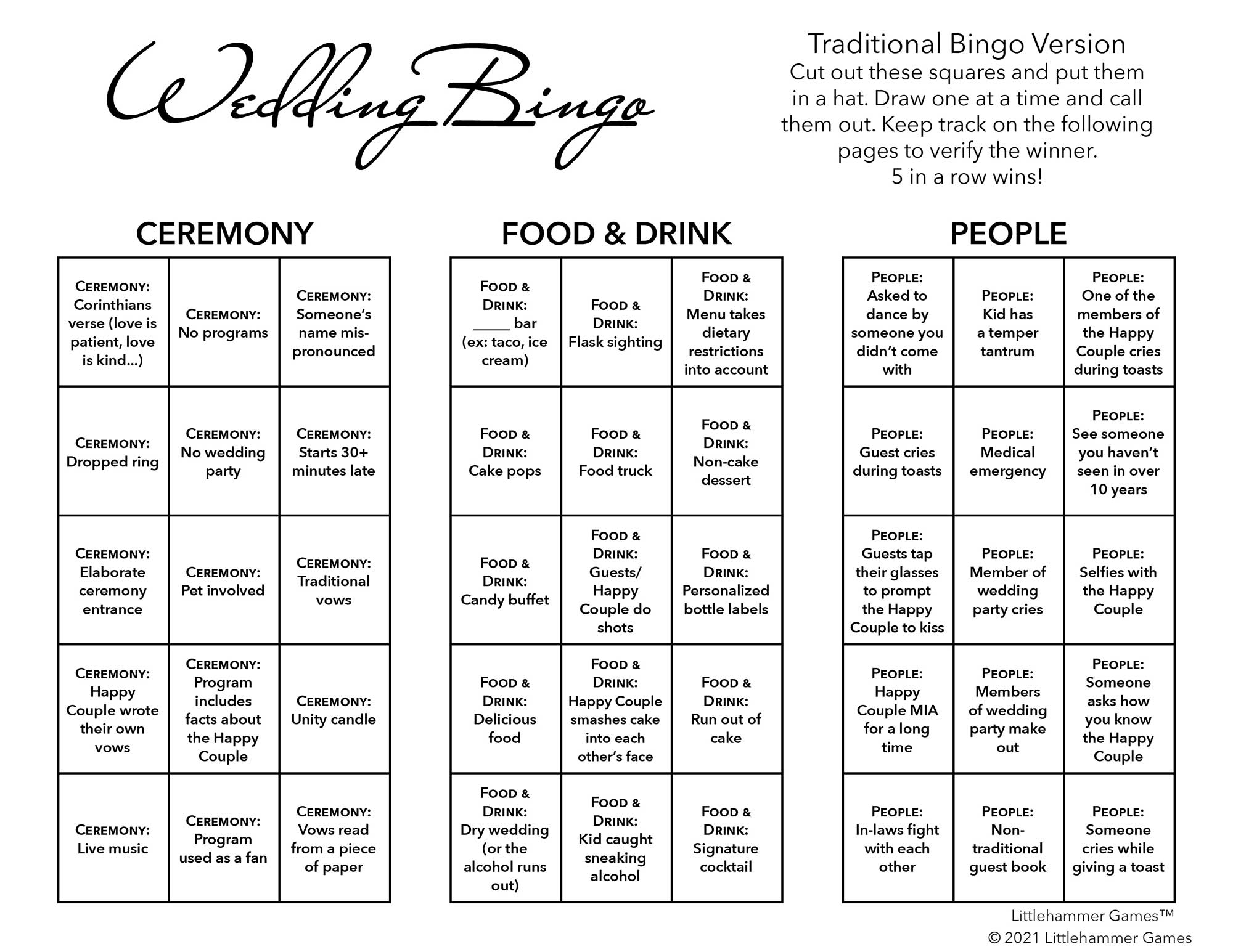 Wedding Bingo calling card on a minimalist black and white background