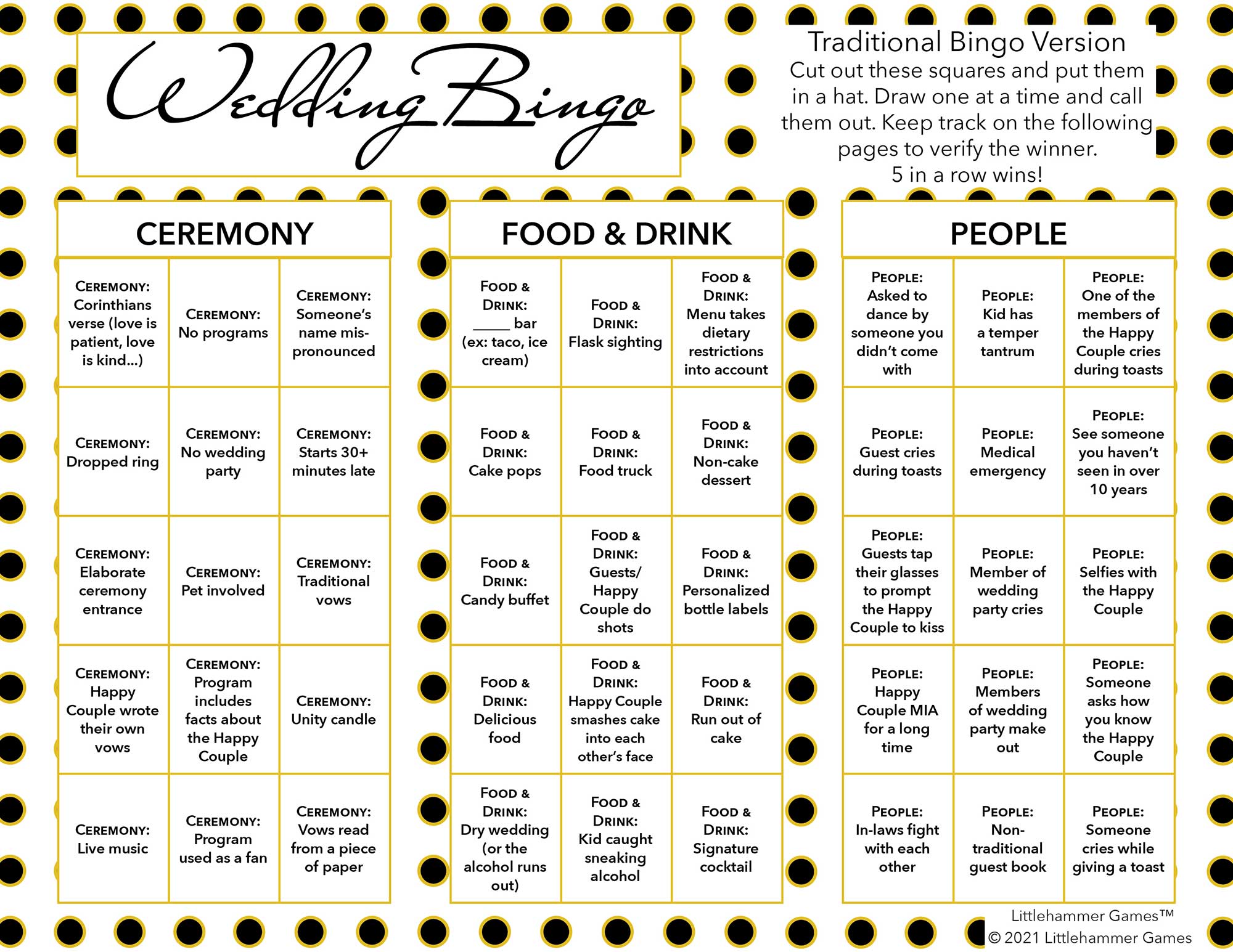 Wedding Bingo calling card on a black and gold polka dot background