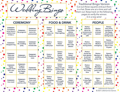 Wedding Bingo calling card on a rainbow polka dot background