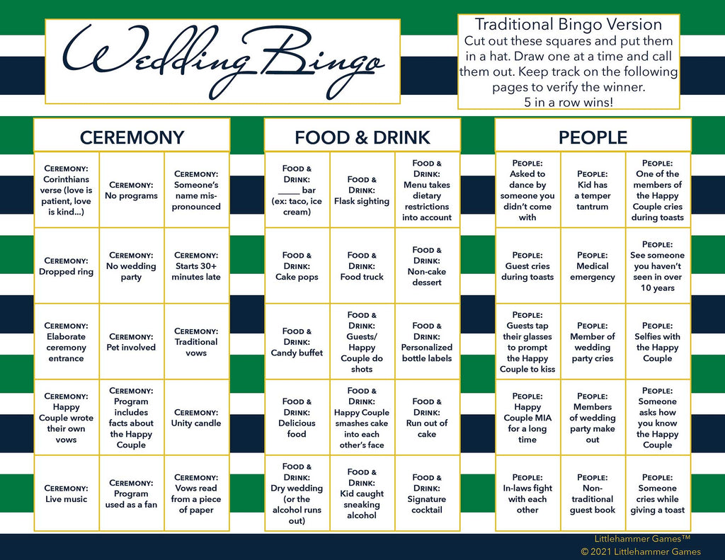 Wedding Bingo calling card on a green and navy-striped background