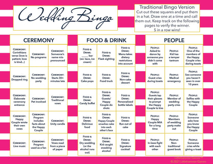 Wedding Bingo calling card on a pink-striped background