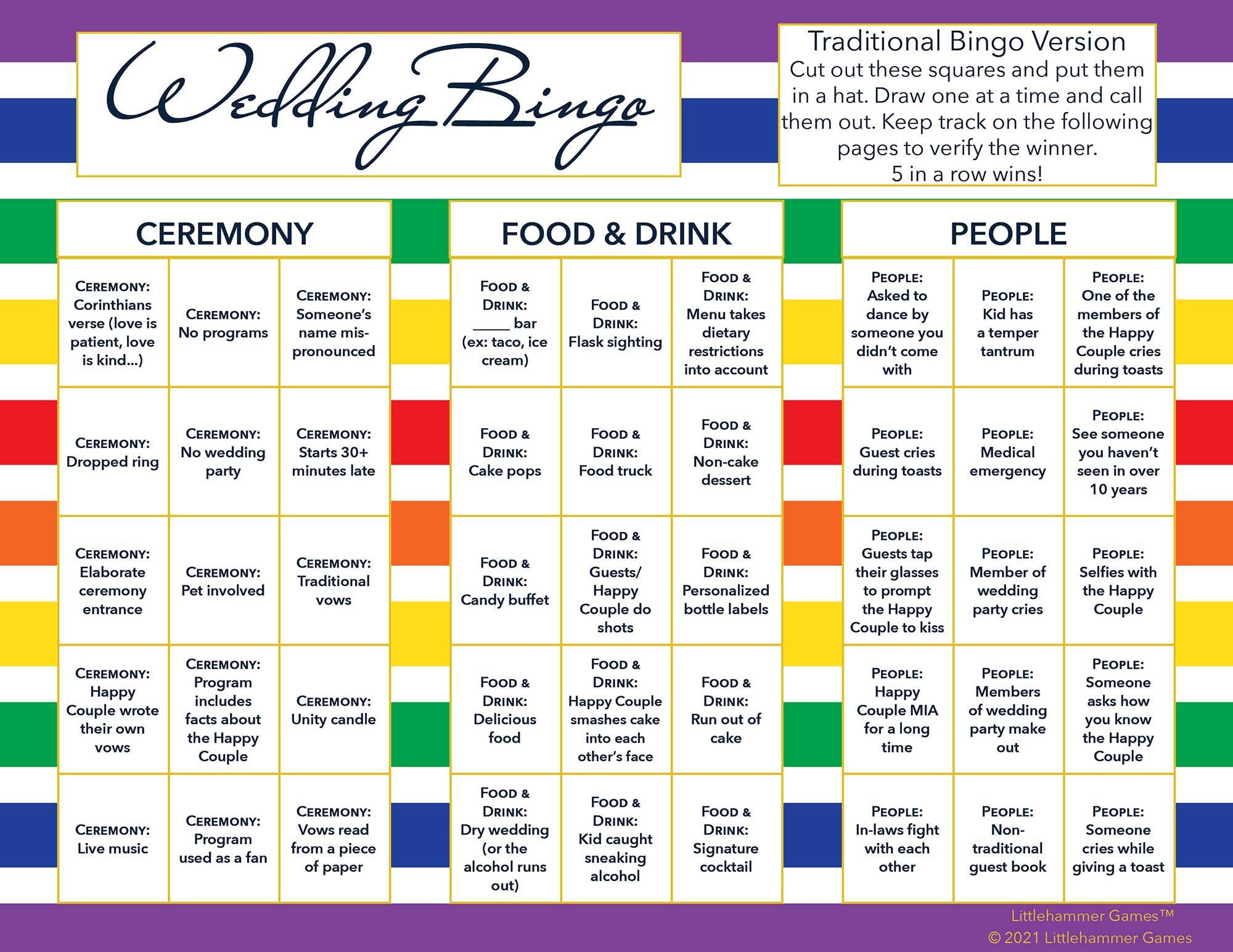 Wedding Bingo calling card on a rainbow-striped background