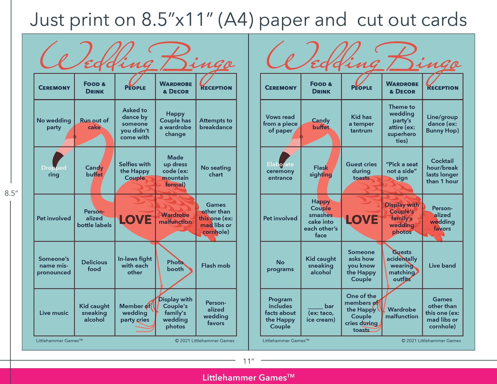Flamingo-themed Wedding Bingo game cards with printing instructions