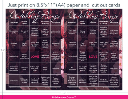 Moody floral Wedding Bingo game cards with printing instructions