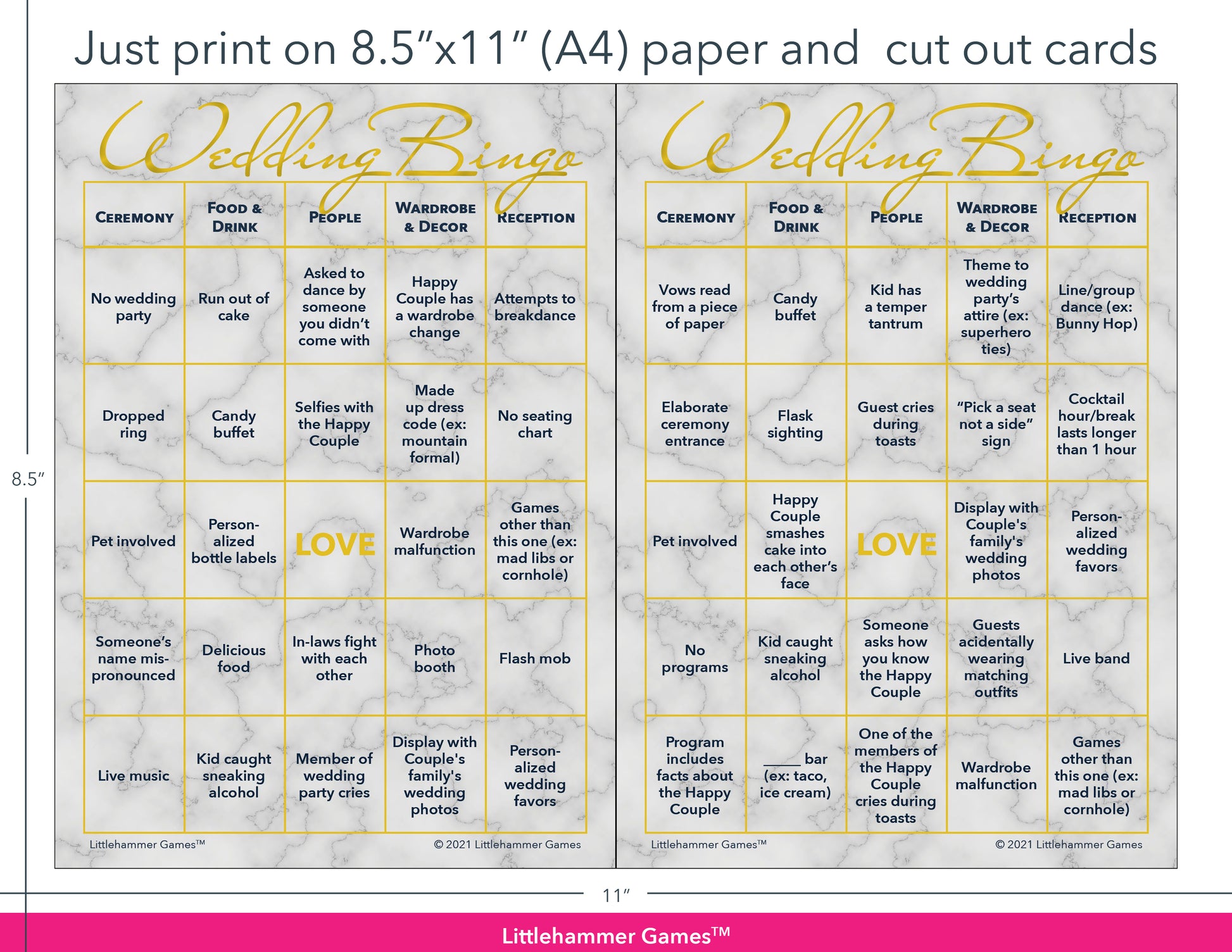Gold and marble Wedding Bingo game cards with printing instructions