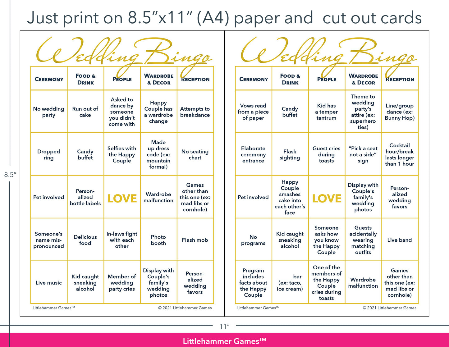 Gold and white Wedding Bingo game cards with printing instructions