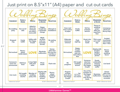 Gold and white Wedding Bingo game cards with printing instructions