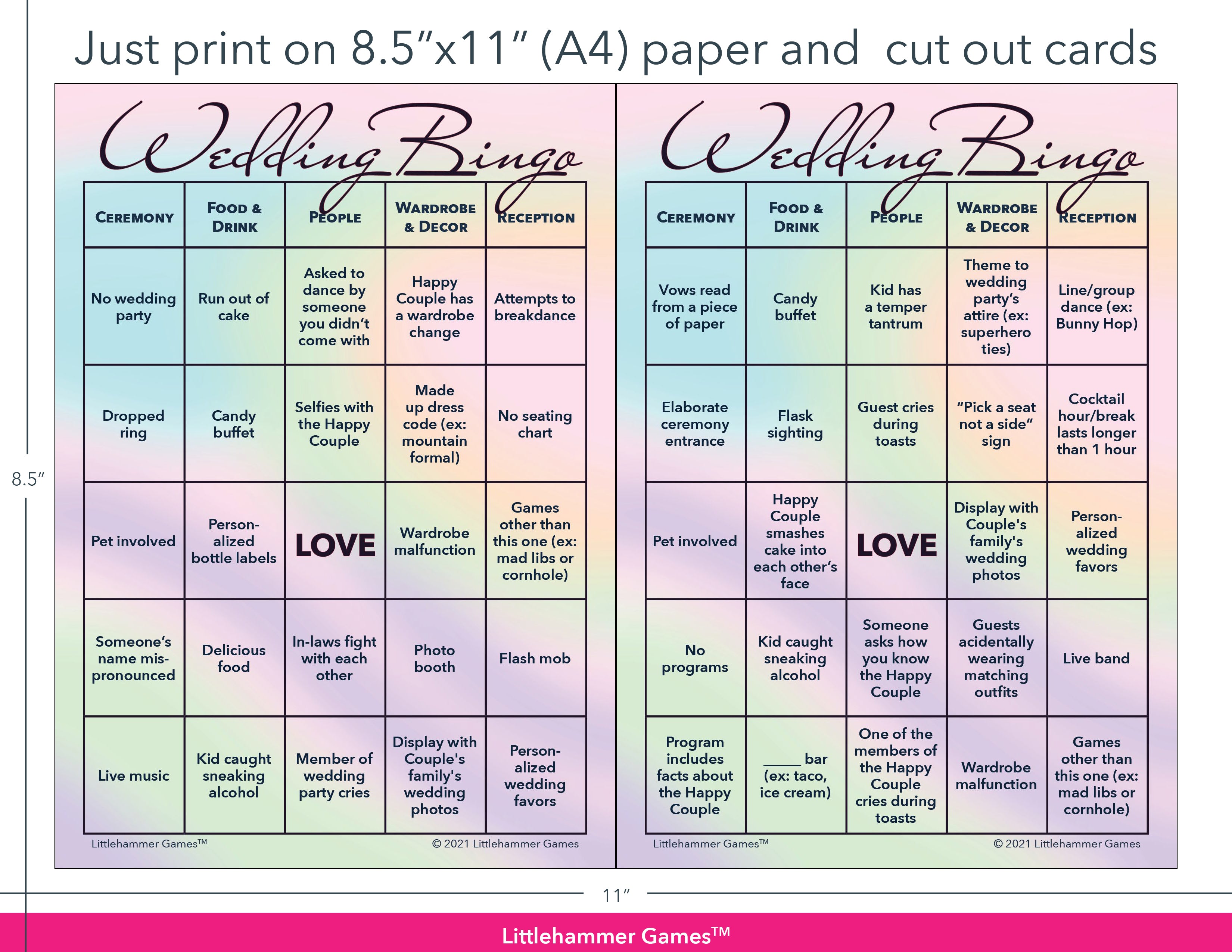 Hologram themed Wedding Bingo game cards with printing instructions