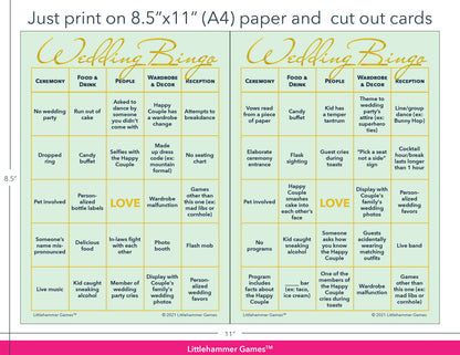Mint and gold Wedding Bingo game cards with printing instructions