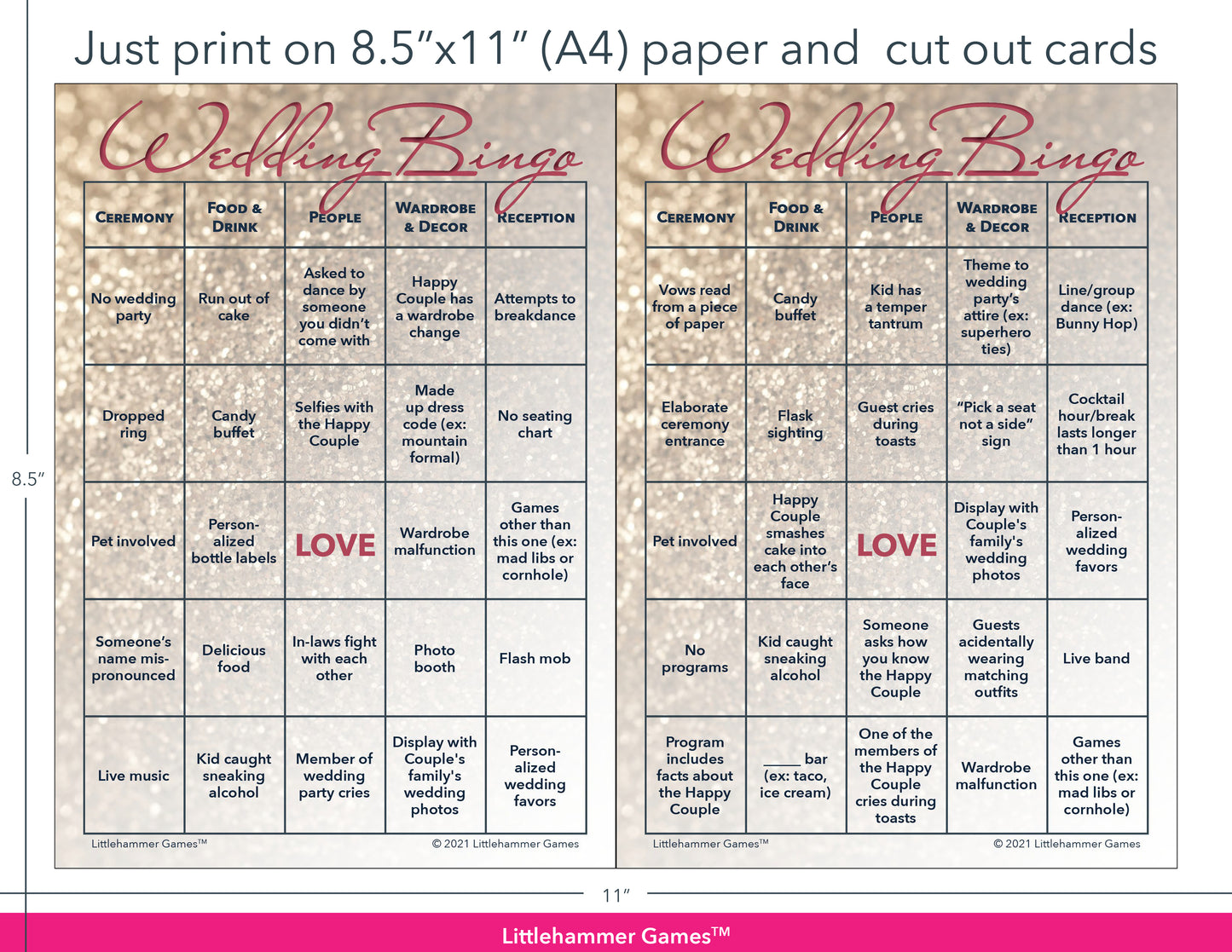 Glittery rose gold Wedding Bingo game cards with printing instructions