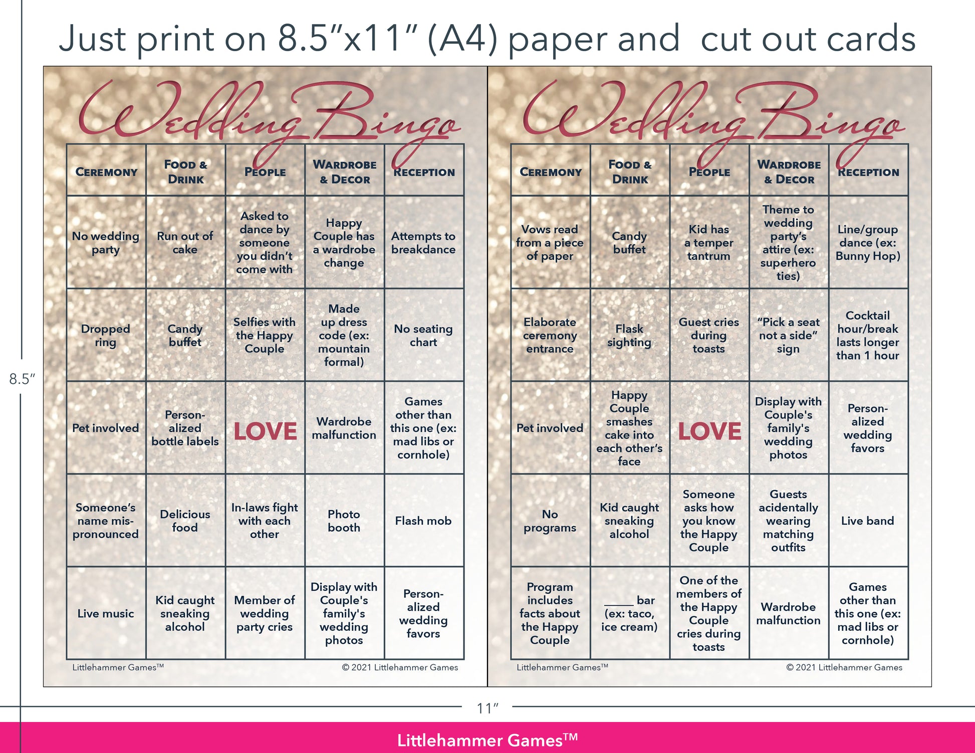 Glittery rose gold Wedding Bingo game cards with printing instructions
