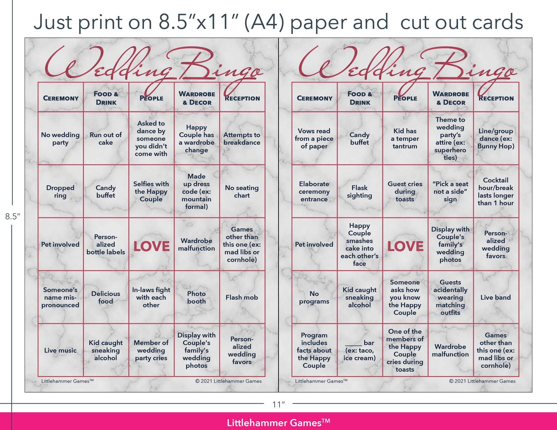 Rose gold and marble Wedding Bingo game cards with printing instructions