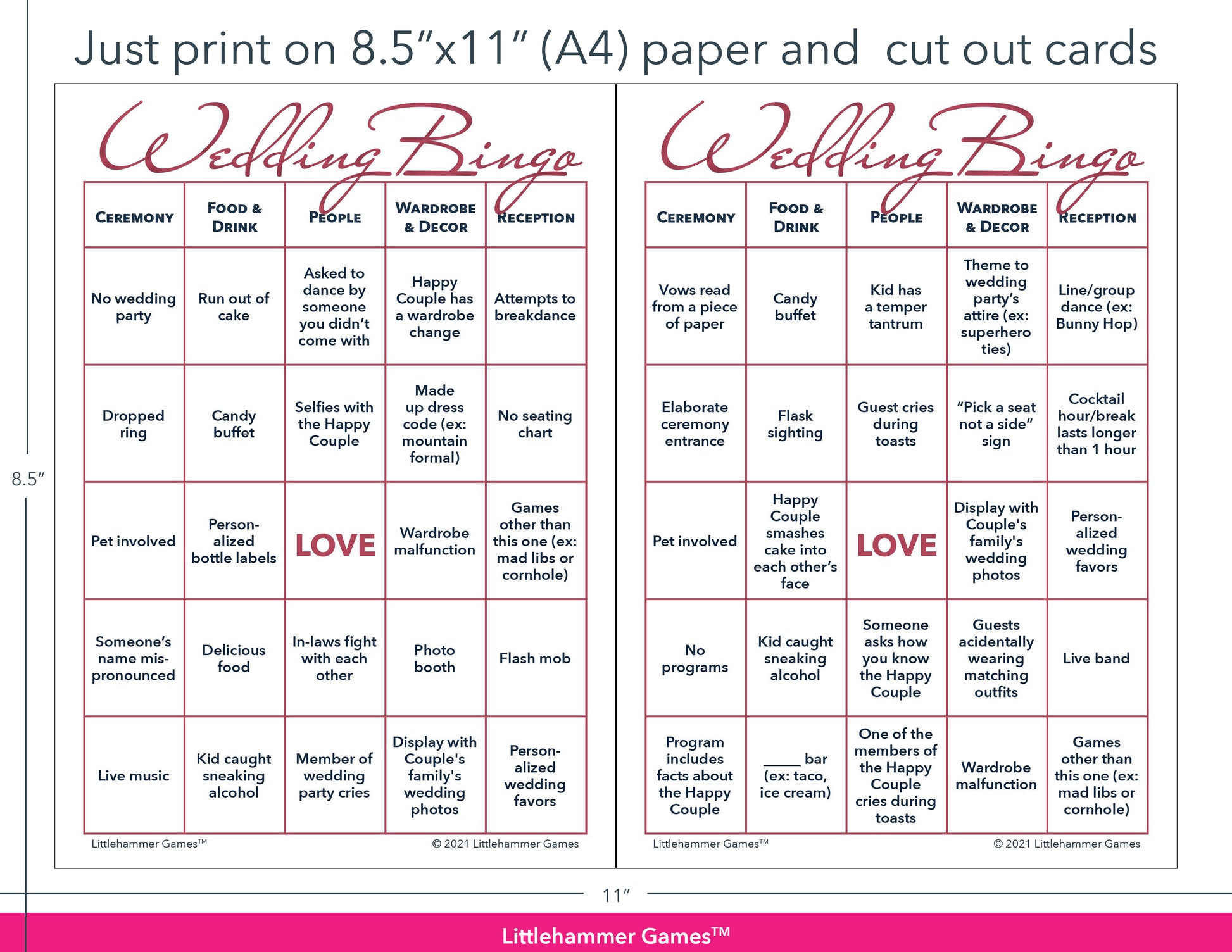 Rose gold and white Wedding Bingo game cards with printing instructions
