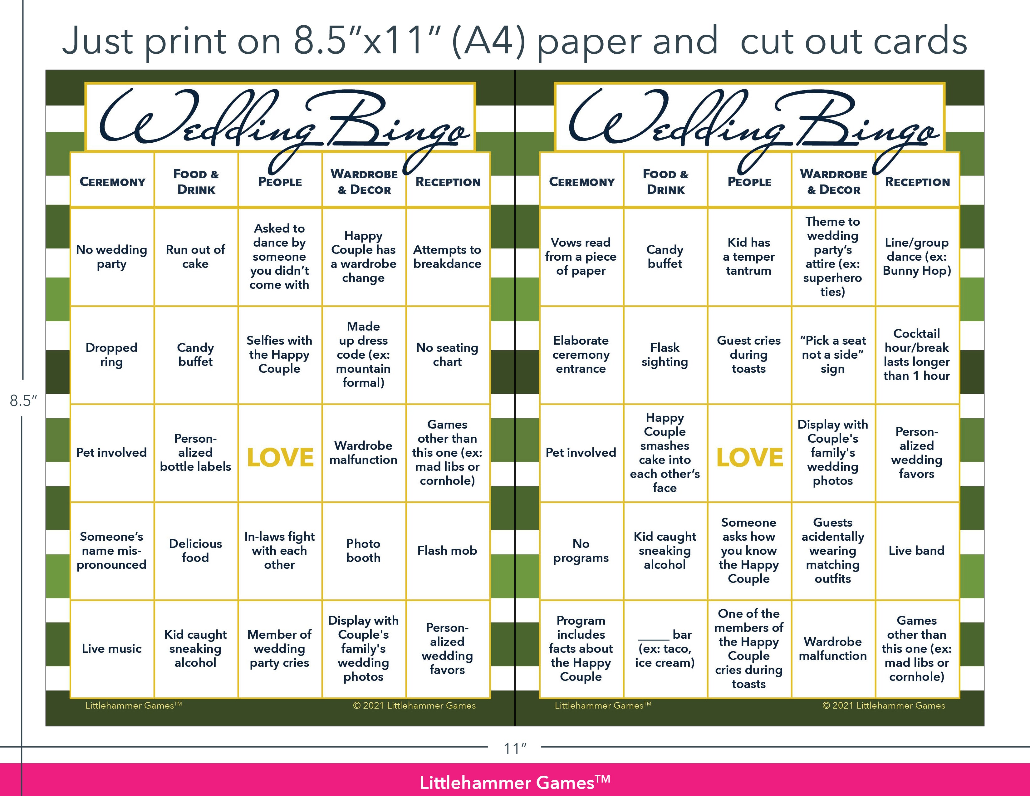 Green-striped Wedding Bingo game cards with printing instructions