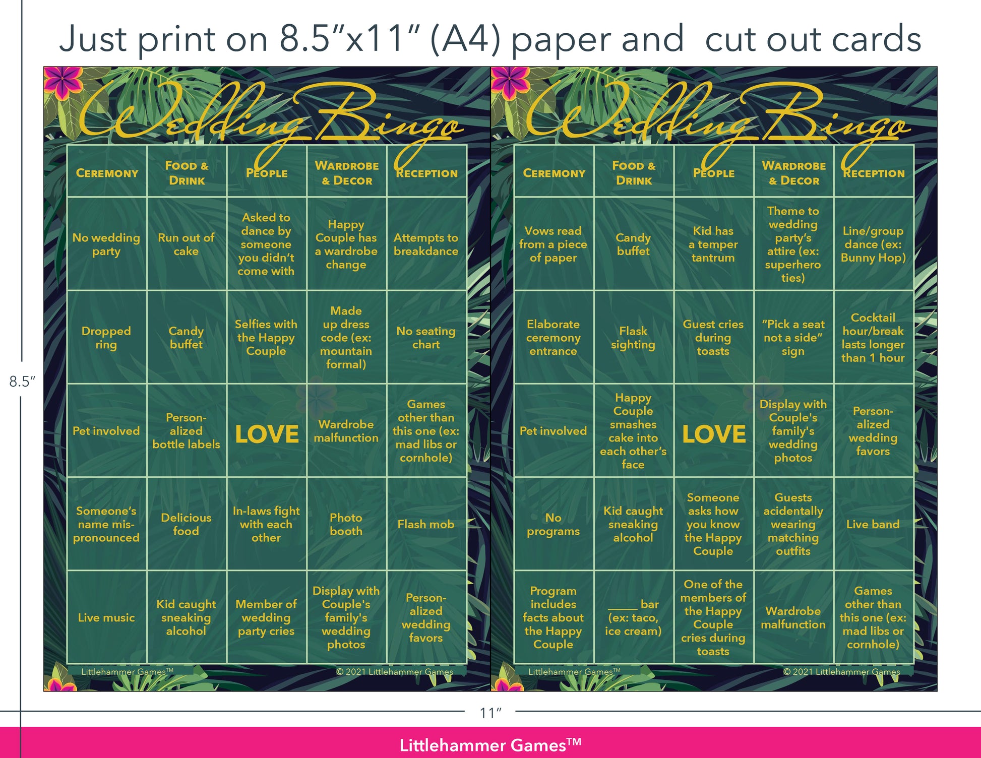 Tropical themed Wedding Bingo game cards with printing instructions