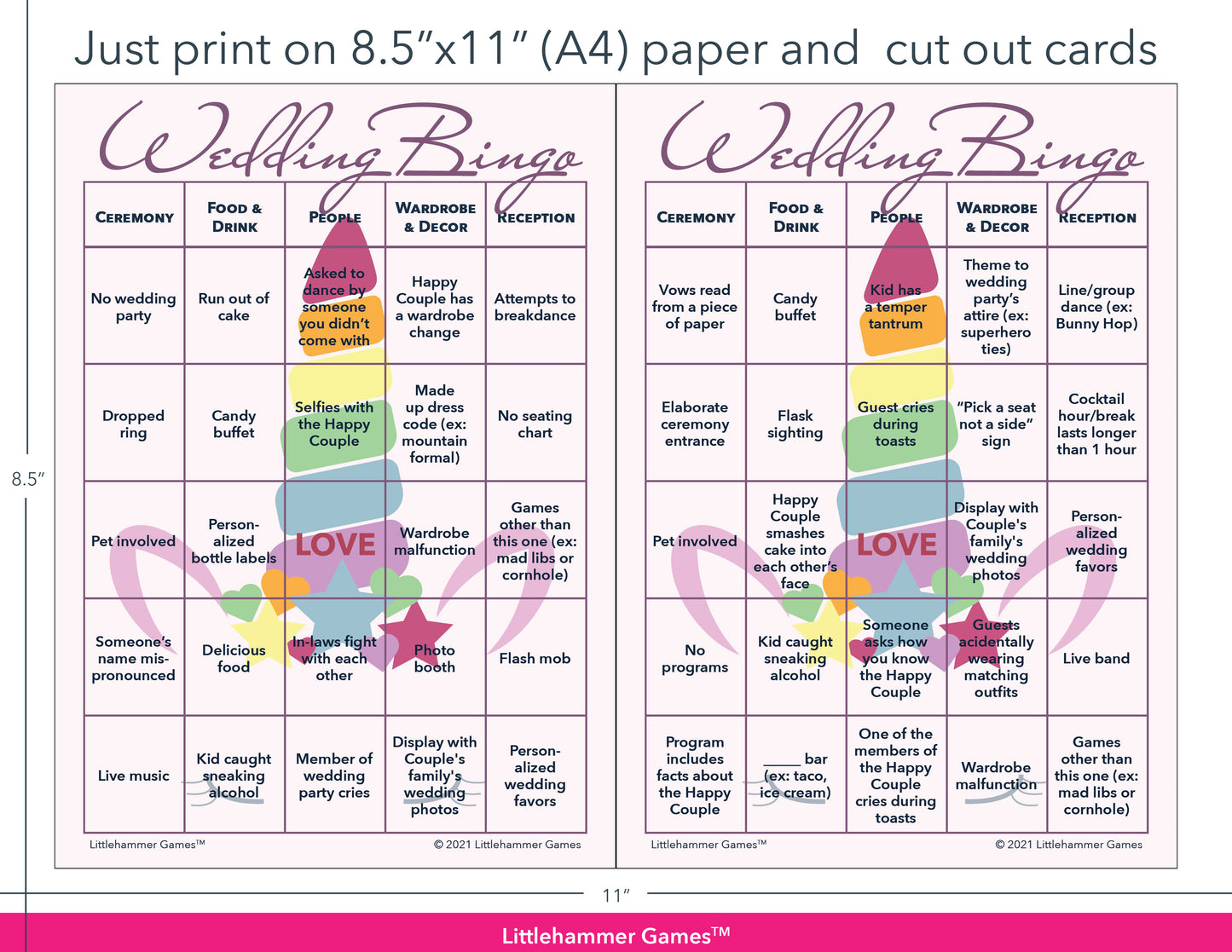 Unicorn-themed Wedding Bingo game cards with printing instructions