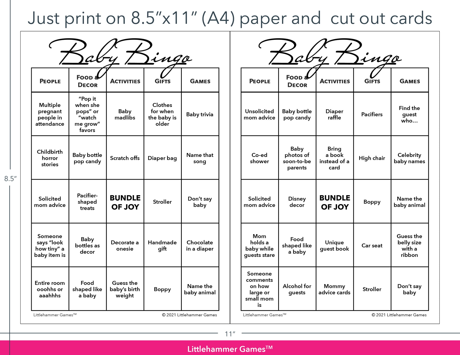 Minimalist black and white Baby Bingo game cards with printing instructions