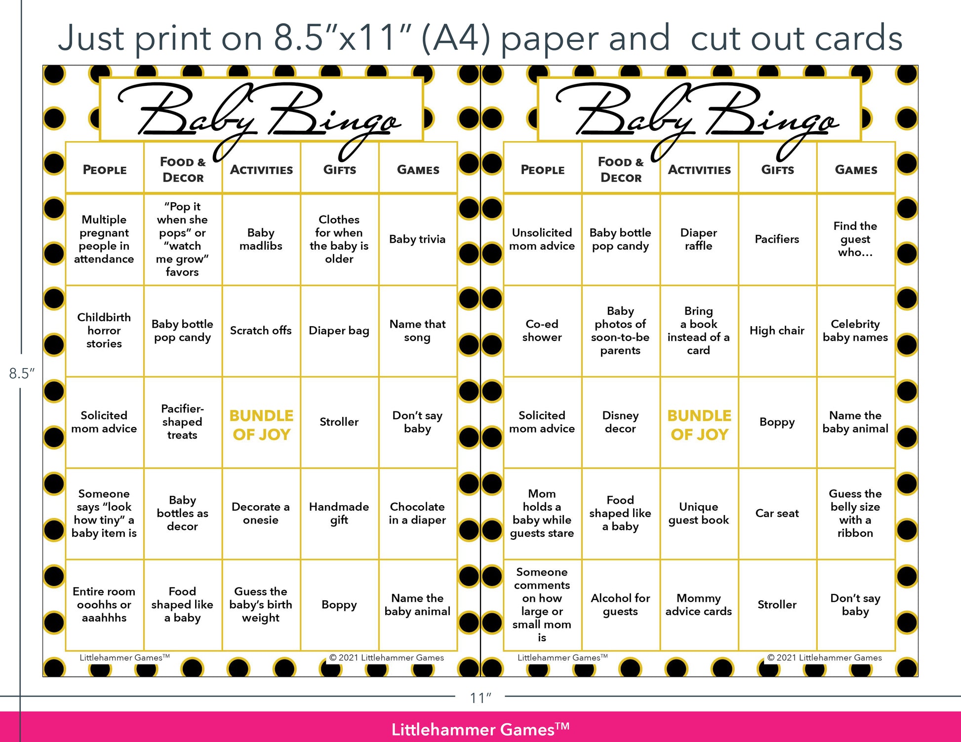 Black and gold polka dot Baby Bingo game cards with printing instructions