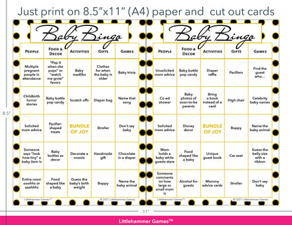 Black and gold polka dot Baby Bingo game cards with printing instructions
